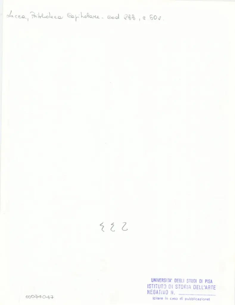 Universit&agrave; di Pisa. Dipartimento di Storia delle Arti , Anonimo italiano - sec. XIV, terzo quarto - Lucca, Biblioteca Capitolare Feliniana, Ms. 233, f. 60v, particolare , retro