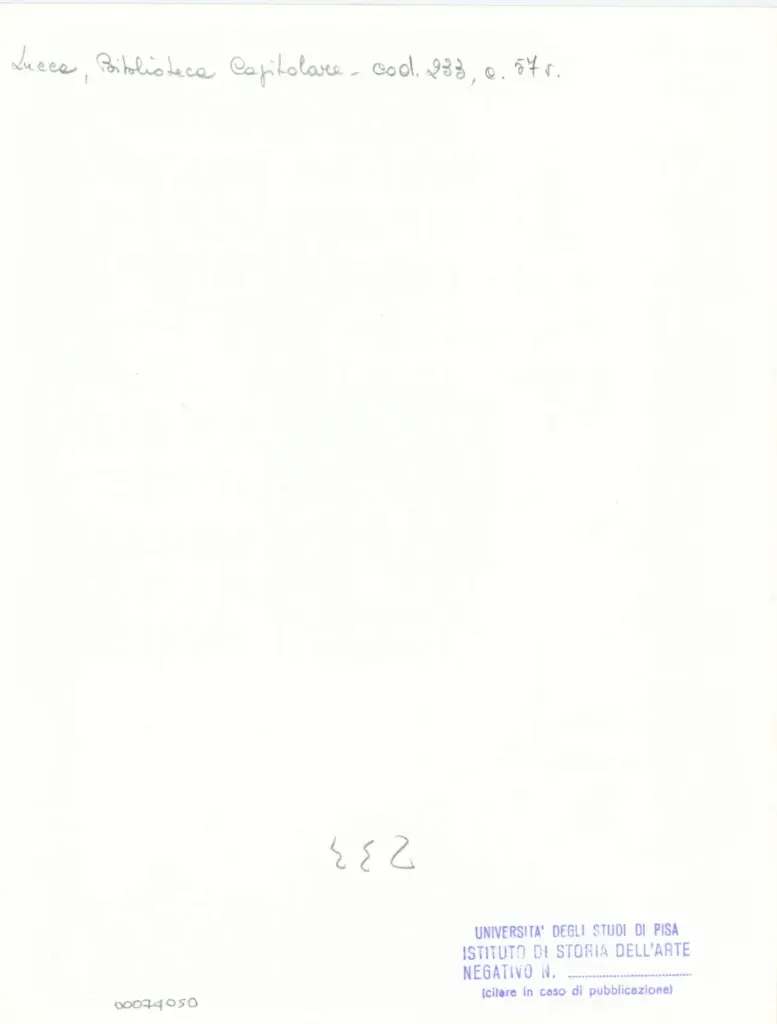 Universit&agrave; di Pisa. Dipartimento di Storia delle Arti , Anonimo italiano - sec. XIV, terzo quarto - Lucca, Biblioteca Capitolare Feliniana, Ms. 233, f. 57v, particolare , retro