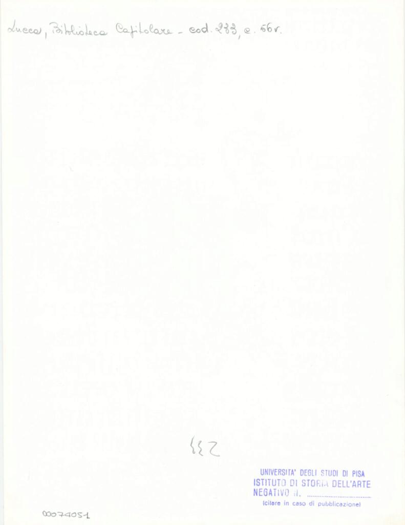 Università di Pisa. Dipartimento di Storia delle Arti , Anonimo italiano - sec. XIV, terzo quarto - Lucca, Biblioteca Capitolare Feliniana, Ms. 233, f. 56v, particolare , retro