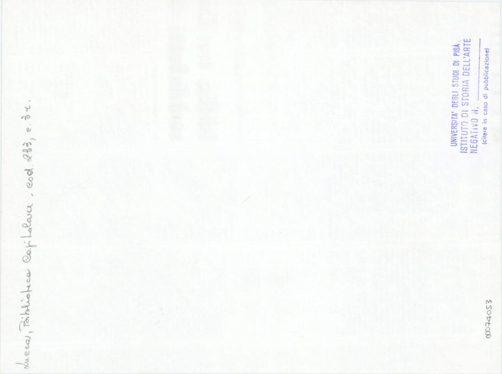 Università di Pisa. Dipartimento di Storia delle Arti , Anonimo italiano - sec. XIV, terzo quarto - Lucca, Biblioteca Capitolare Feliniana, Ms. 233, f. 3r, particolare , retro