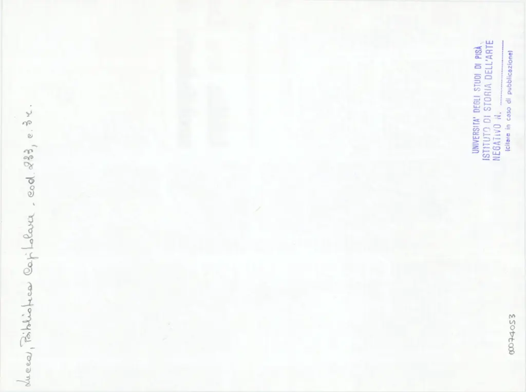 Universit&agrave; di Pisa. Dipartimento di Storia delle Arti , Anonimo italiano - sec. XIV, terzo quarto - Lucca, Biblioteca Capitolare Feliniana, Ms. 233, f. 3r, particolare , retro