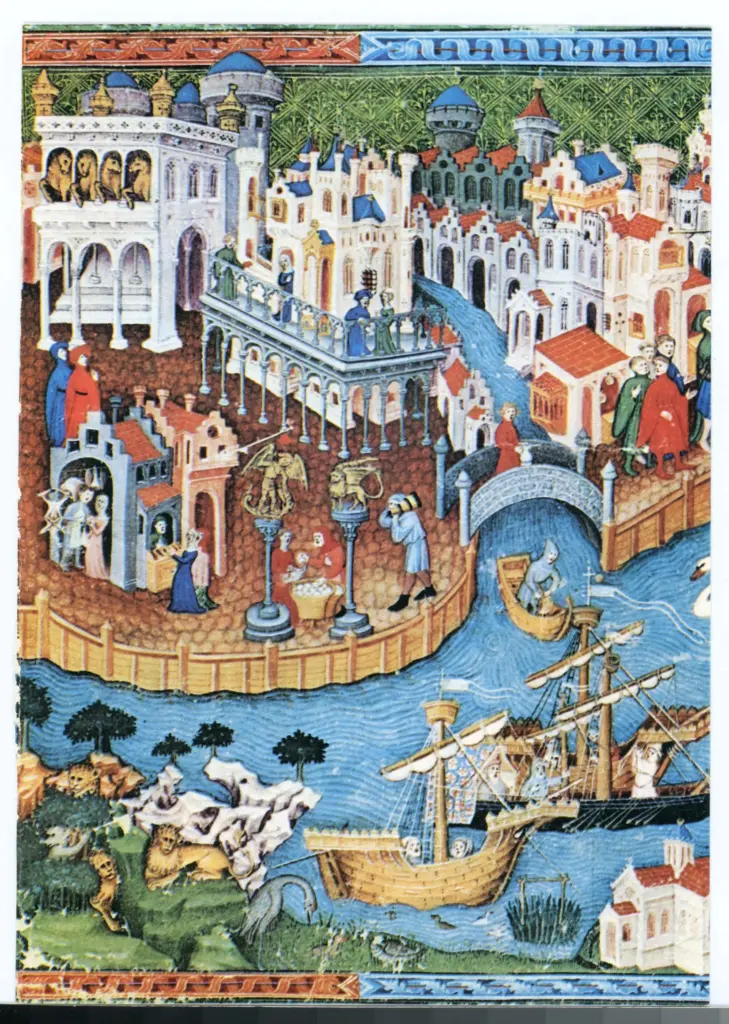 Anonimo , Miniatura inglese dal Libro di Marco Polo - Veduta immaginaria di Venezia (part.) - Oxford, Bodleian Library , fronte
