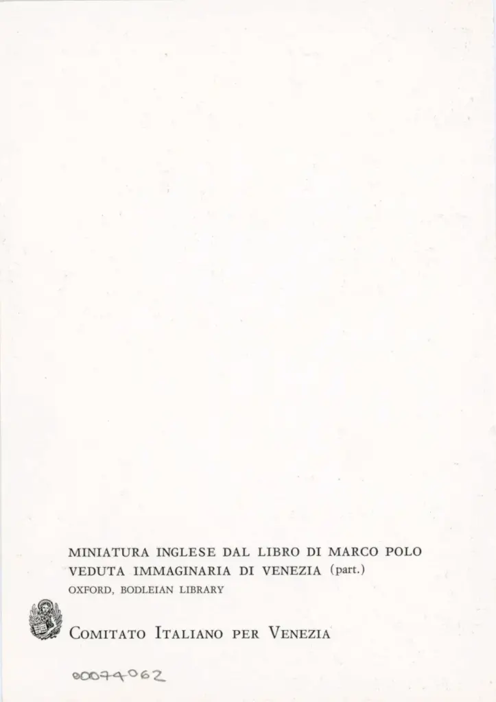 Anonimo , Miniatura inglese dal Libro di Marco Polo - Veduta immaginaria di Venezia (part.) - Oxford, Bodleian Library , retro