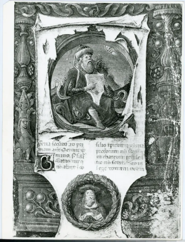 Anonimo toscano sec. XV , Re David, Iniziale B, Finta cornice architettonica con motivi decorativi