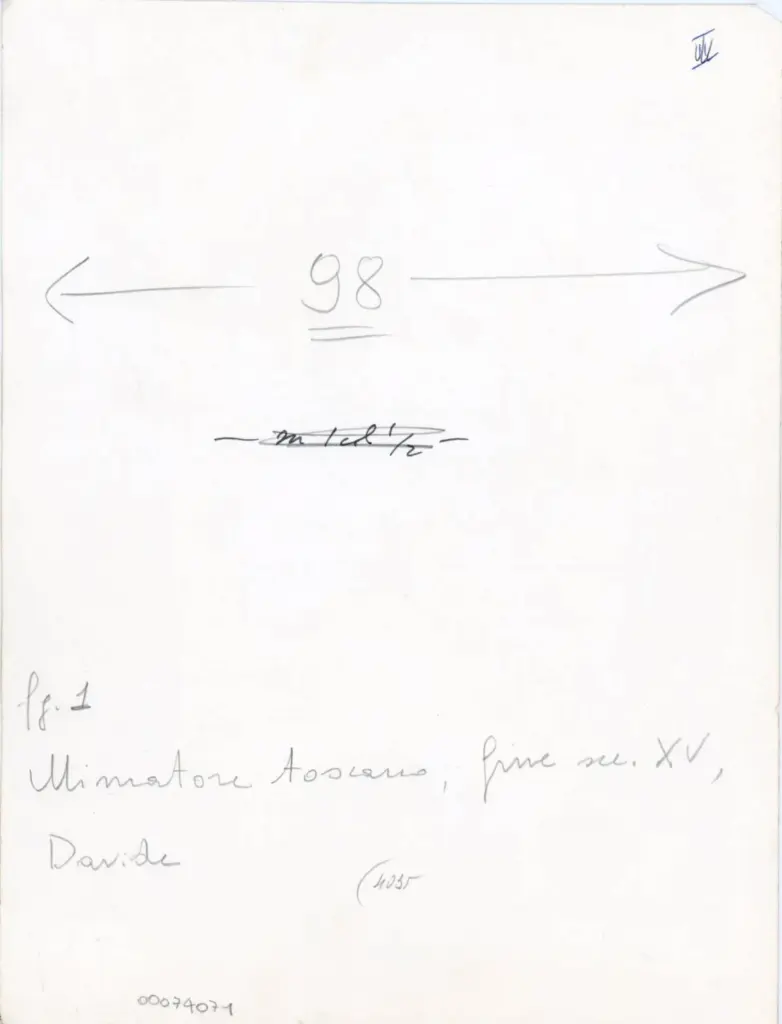 Anonimo , Miniatore toscano, fine sec. XV, Davide , retro