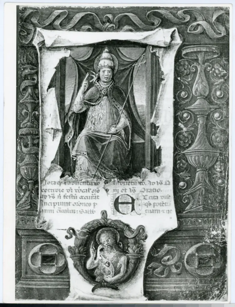 Anonimo toscano sec. XV , San Gregorio Magno in trono, Iniziale E, Finta cornice architettonica con motivi decorativi