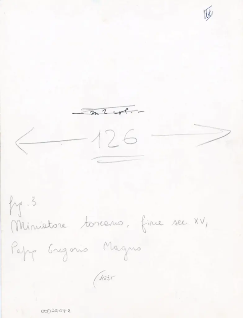 Anonimo , Miniatore toscano, fine sec. XV, Papa Gregorio Magno , retro