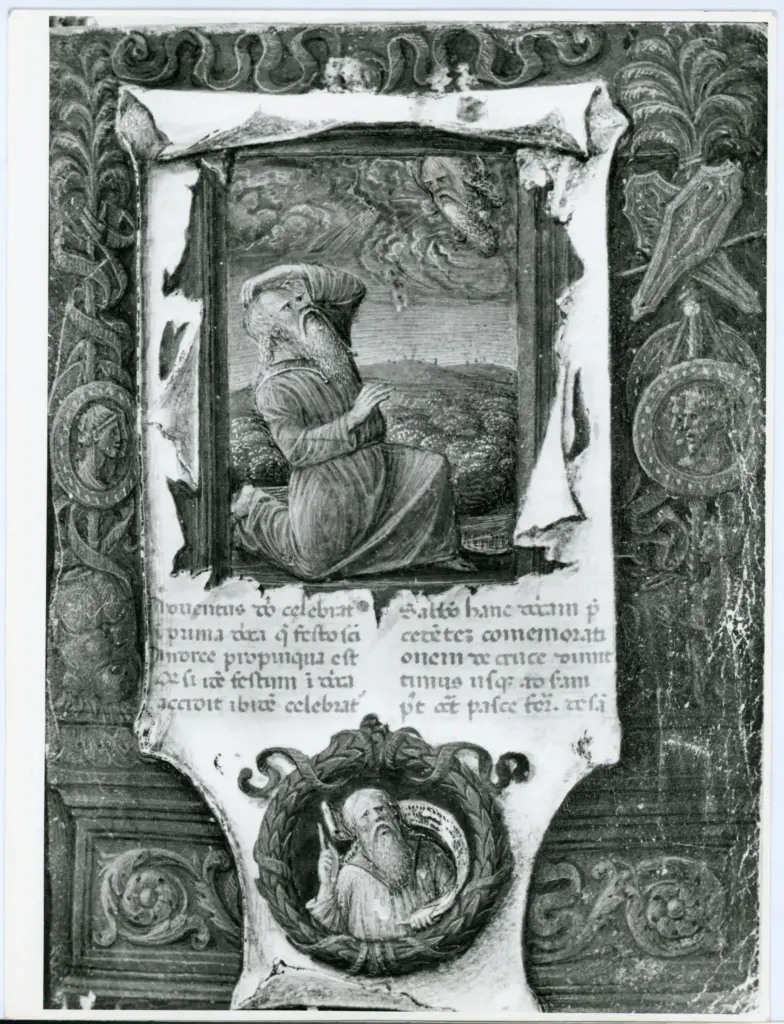 Anonimo toscano sec. XV , Davide in adorazione di Cristo giudice, Iniziale E, Finta cornice architettonica con motivi decorativi