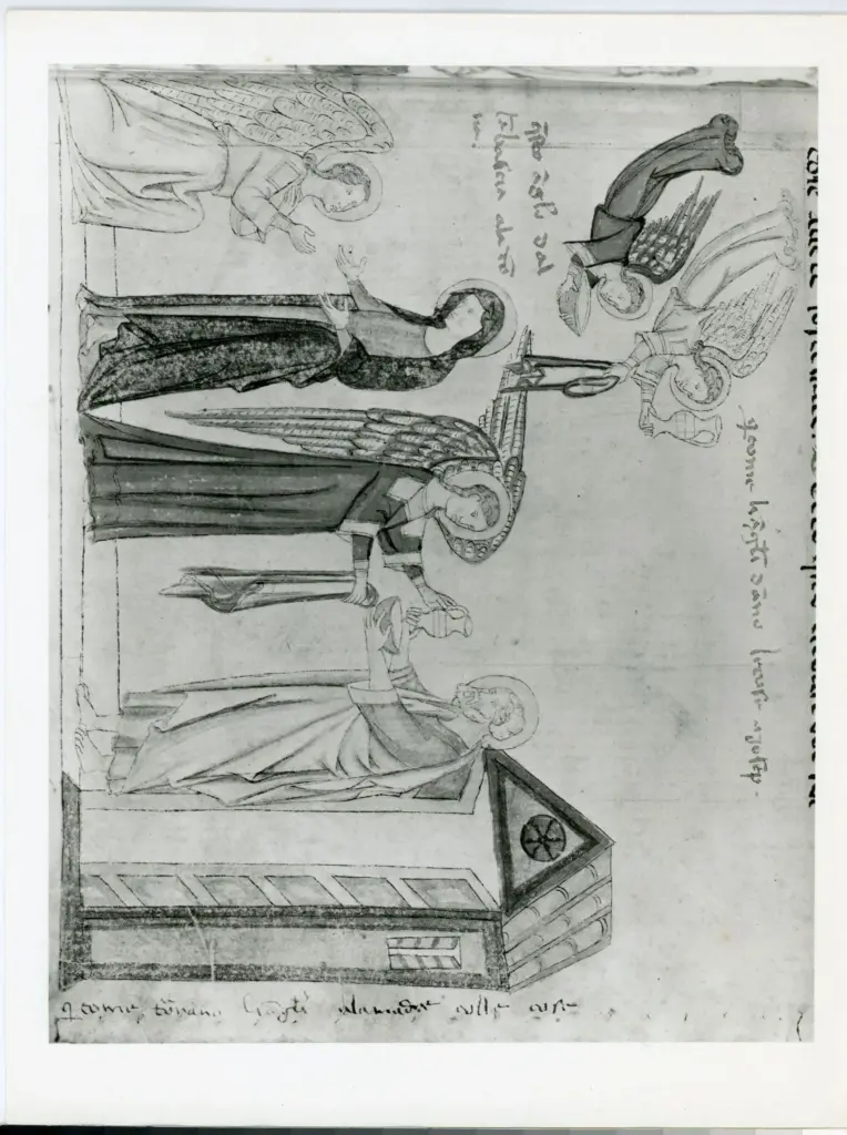 Anonimo sec. XIV , Angelo annunciante e Maria Vergine annunciata, Angeli, San Giuseppe