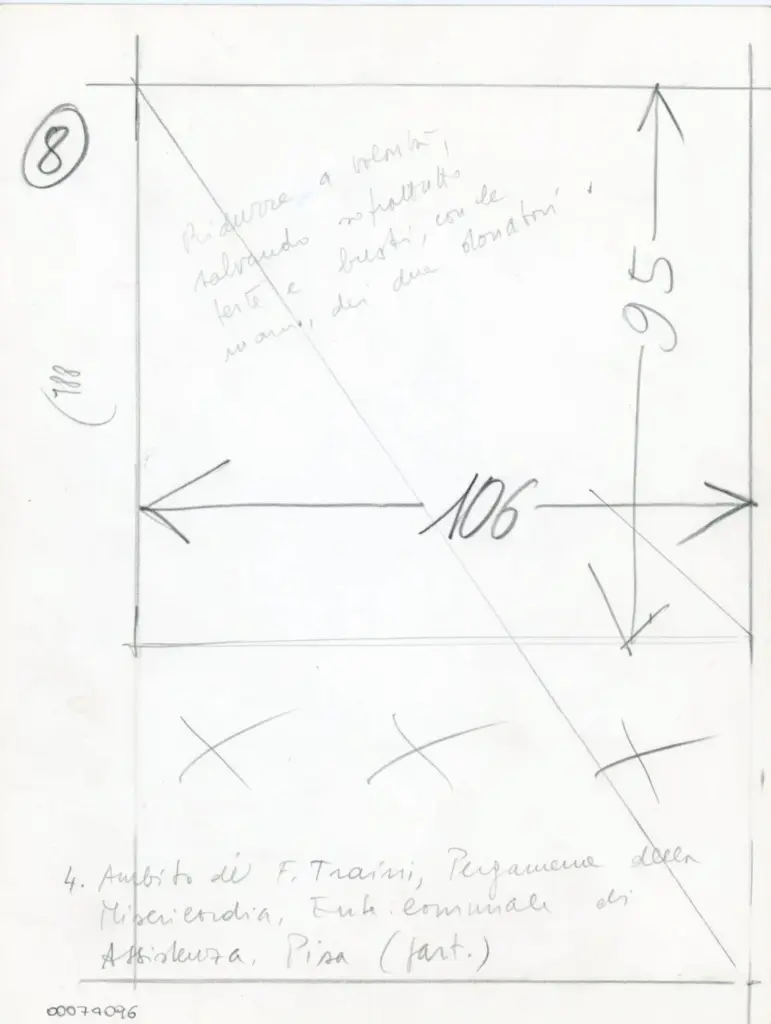Anonimo , Ambito di F. Traini, Pergamena della Misericordia, Ente comunale di Assistenza, Pisa (part.) , retro