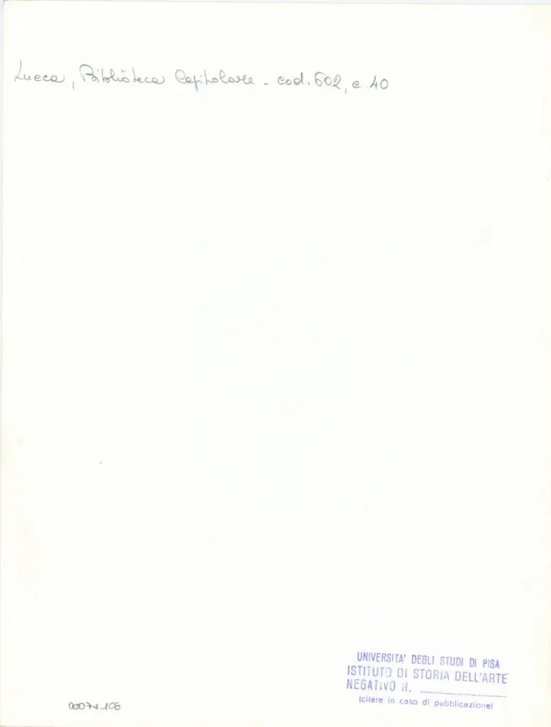 Universit&agrave; di Pisa. Dipartimento di Storia delle Arti , Anonimo italiano - sec. XII, inizio - Lucca, Biblioteca Capitolare Feliniana, Ms. 602, f. 40r, particolare , retro