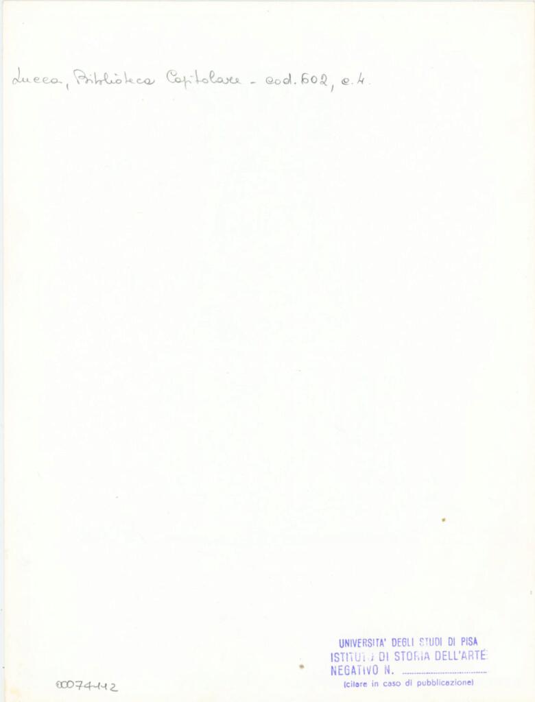 Università di Pisa. Dipartimento di Storia delle Arti , Anonimo italiano - sec. XII, inizio - Lucca, Biblioteca Capitolare Feliniana, Ms. 602, f. 4r, particolare , retro