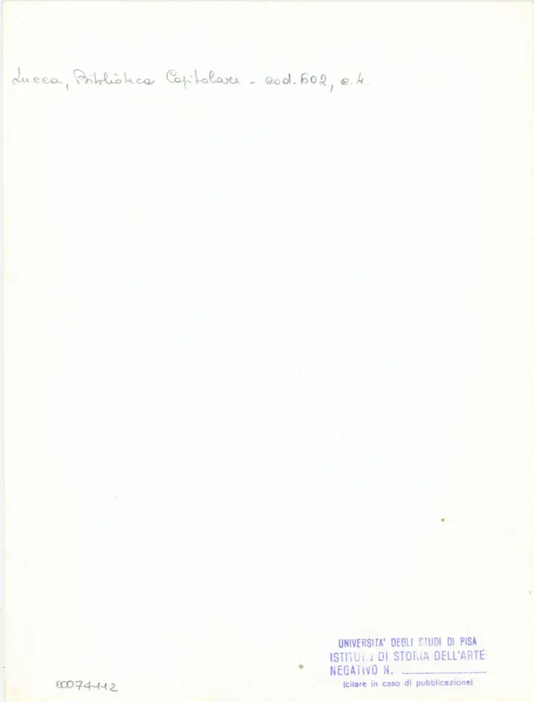 Universit&agrave; di Pisa. Dipartimento di Storia delle Arti , Anonimo italiano - sec. XII, inizio - Lucca, Biblioteca Capitolare Feliniana, Ms. 602, f. 4r, particolare , retro