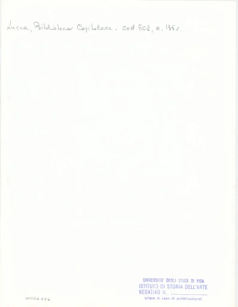 Universit&agrave; di Pisa. Dipartimento di Storia delle Arti , Anonimo italiano - sec. XII, inizio - Lucca, Biblioteca Capitolare Feliniana, Ms. 602, f. 135v, particolare , retro