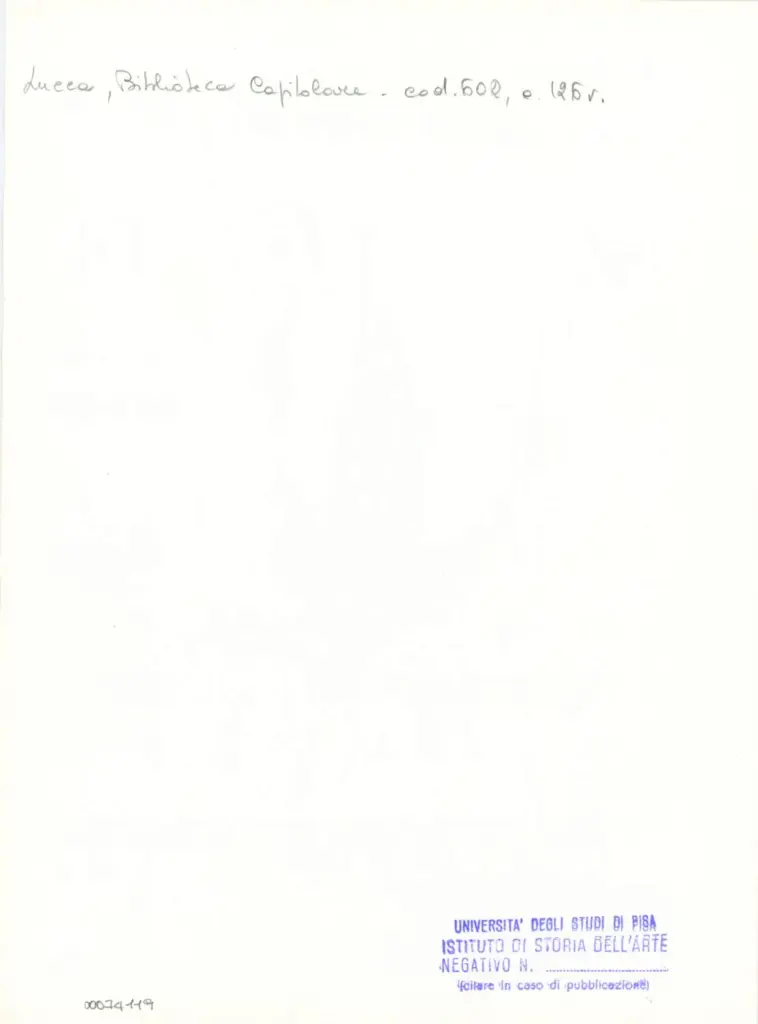 Universit&agrave; di Pisa. Dipartimento di Storia delle Arti , Anonimo italiano - sec. XII, inizio - Lucca, Biblioteca Capitolare Feliniana, Ms, 602, f. 126v, particolare , retro