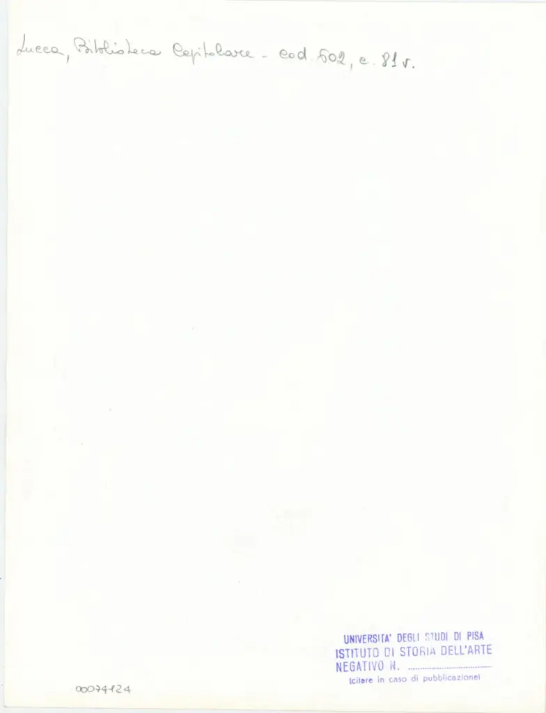 Università di Pisa. Dipartimento di Storia delle Arti , Anonimo italiano - sec. XII, inizio - Lucca, Biblioteca Capitolare Feliniana, Ms. 602, f. 81v, particolare , retro