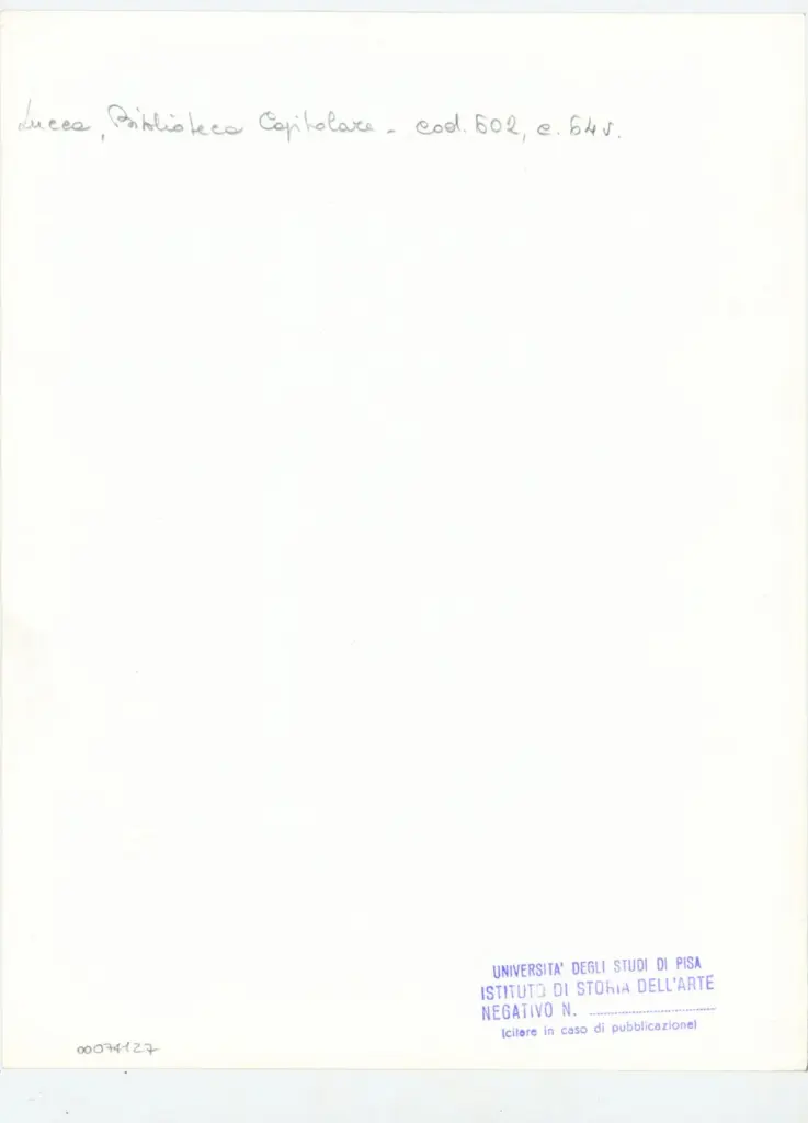 Universit&agrave; di Pisa. Dipartimento di Storia delle Arti , Anonimo italiano - sec. XII, inizio - Lucca, Biblioteca Capitolare Feliniana, Ms. 602, f. 64v, particolare , retro