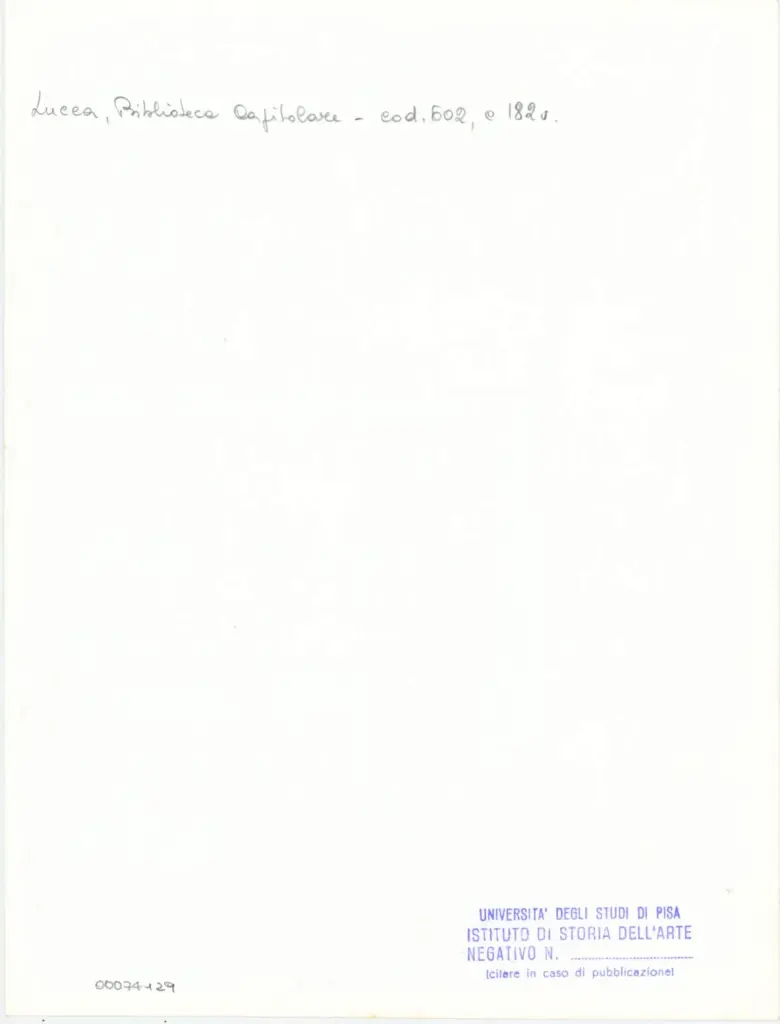 Universit&agrave; di Pisa. Dipartimento di Storia delle Arti , Anonimo italiano - sec. XII, inizio - Lucca, Biblioteca Capitolare Feliniana, Ms. 602, f. 182v, particolare , retro