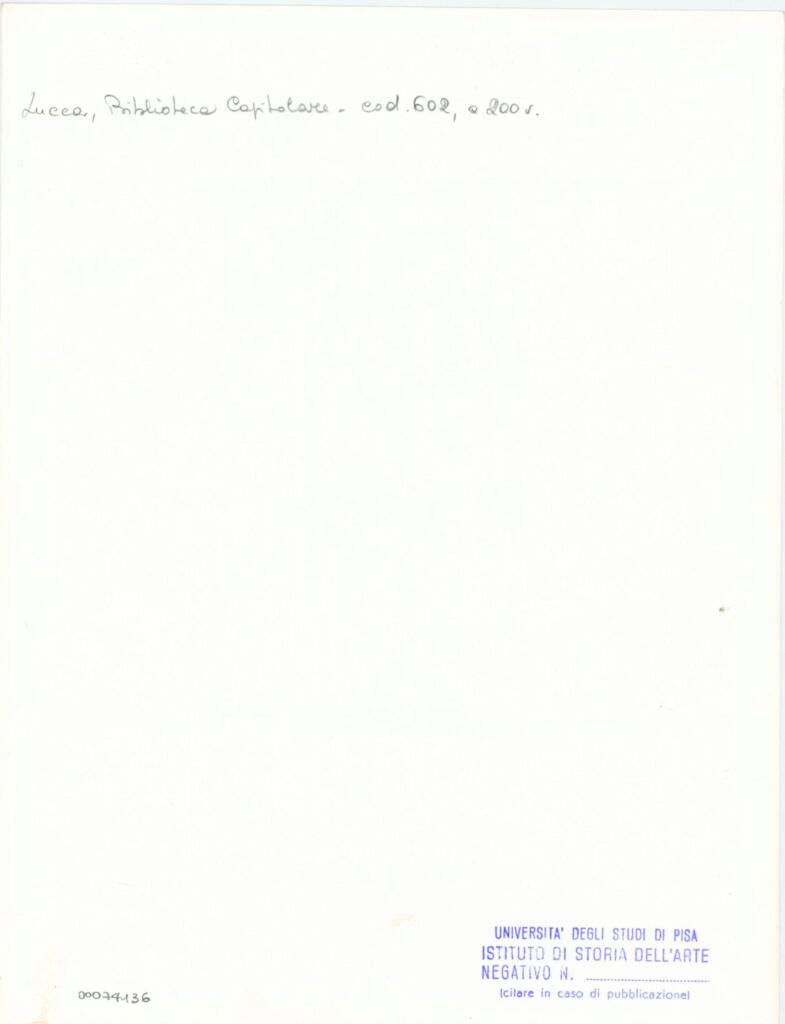 Università di Pisa. Dipartimento di Storia delle Arti , Anonimo italiano - sec. XII, inizio - Lucca, Biblioteca Capitolare Feliniana, Ms. 602, f. 200v, particolare , retro