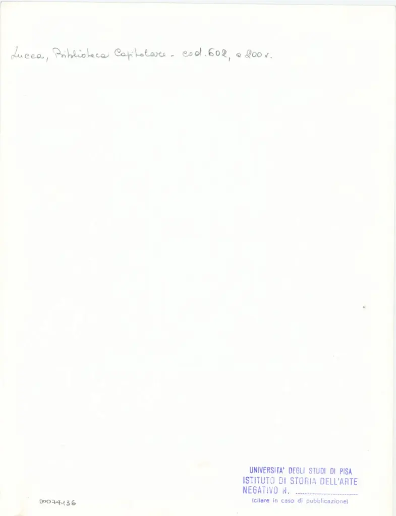 Universit&agrave; di Pisa. Dipartimento di Storia delle Arti , Anonimo italiano - sec. XII, inizio - Lucca, Biblioteca Capitolare Feliniana, Ms. 602, f. 200v, particolare , retro