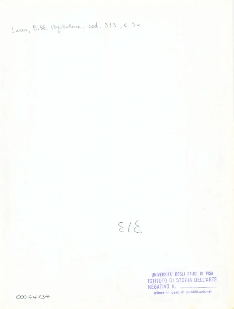 Universit&agrave; di Pisa. Dipartimento di Storia delle Arti , Anonimo italiano - sec. XIV, inizio - Lucca, Biblioteca Capitolare Feliniana, Ms. 313, f. 3v, particolare , retro