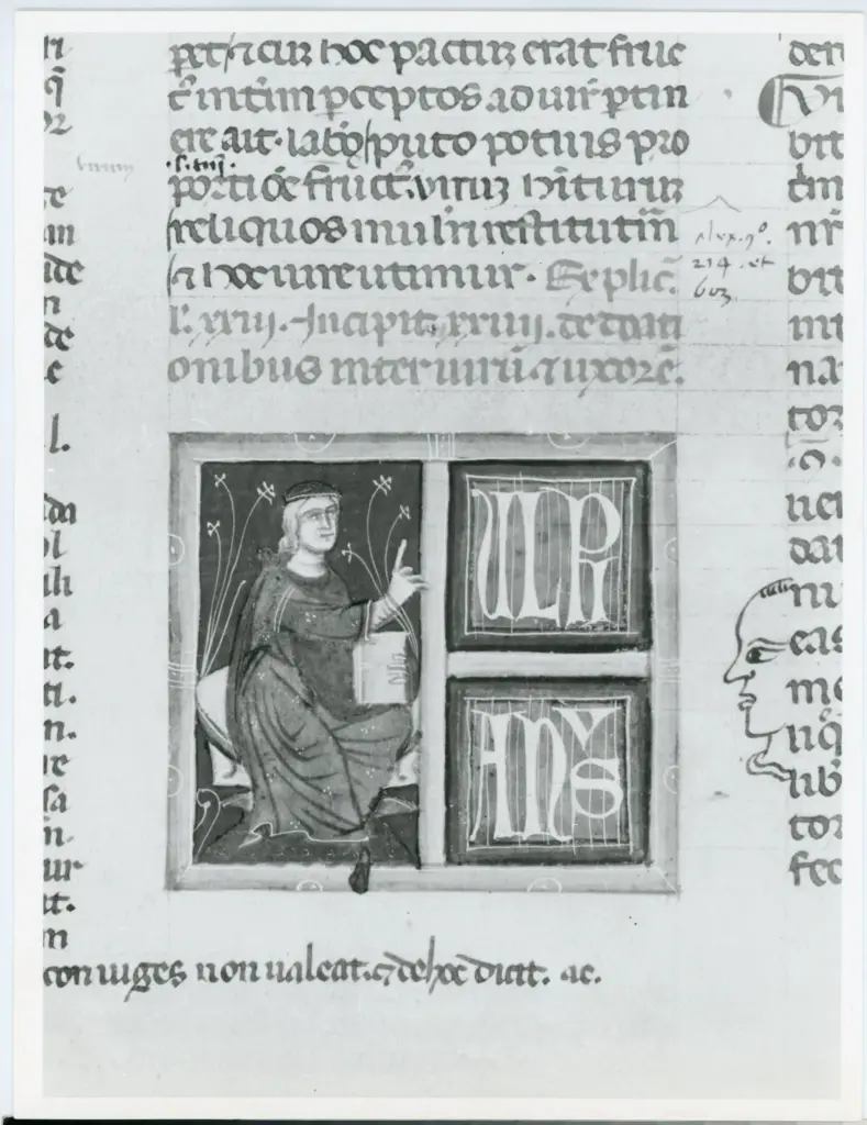 Anonimo italiano sec. XIV , Miniatura tabellare, Ulpiano, Figura maschile con libro, Figura maschile seduta