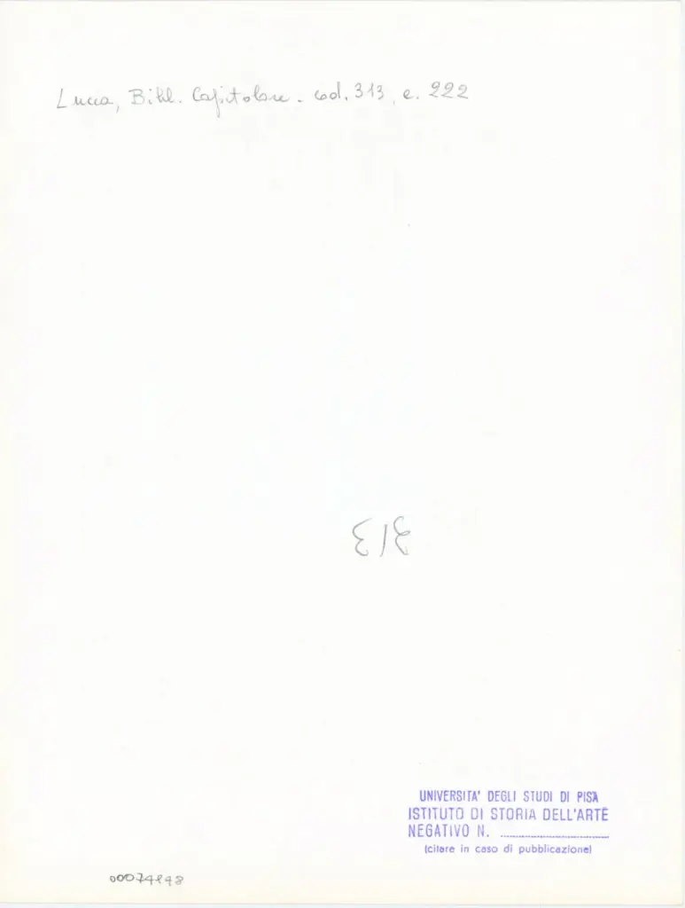 Universit&agrave; di Pisa. Dipartimento di Storia delle Arti , Anonimo italiano - sec. XIV, inizio - Lucca, Biblioteca Capitolare Feliniana, Ms. 313, f. 222r, particolare , retro