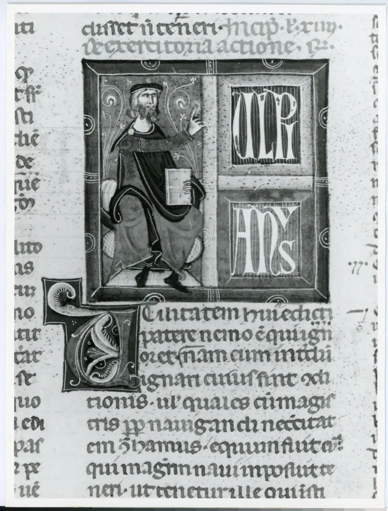 Anonimo italiano sec. XIV , Iniziale U, Iniziale decorata, Motivi decorativi fitomorfi, Miniatura tabellare, Ulpiano, Figura maschile con libro, Figura maschile seduta