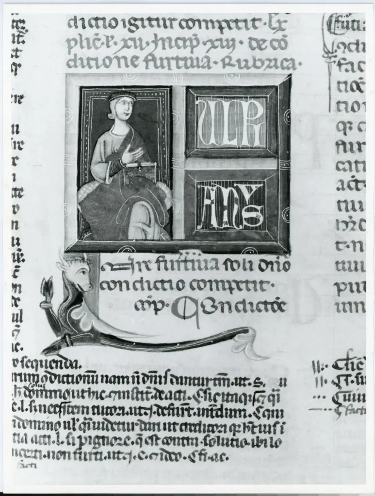 Anonimo italiano sec. XIV , Iniziale I, Iniziale figurata, Motivo decorativo zoomorfo, Miniatura tabellare, Ulpiano, Figura maschile con libro, Figura maschile seduta