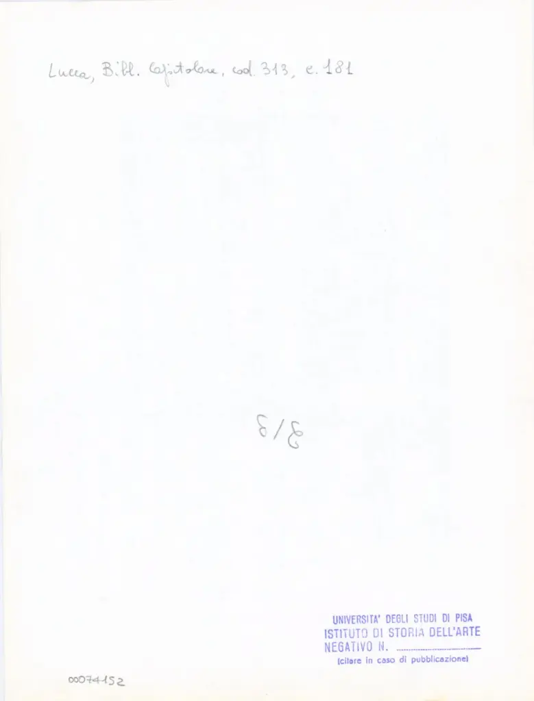 Universit&agrave; di Pisa. Dipartimento di Storia delle Arti , Anonimo italiano - sec. XIV, inizio - Lucca, Biblioteca Capitolare Feliniana, Ms. 313, f. 181r, particolare , retro