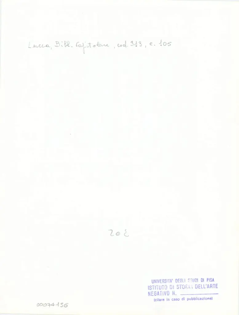 Universit&agrave; di Pisa. Dipartimento di Storia delle Arti , Anonimo italiano - sec. XIV, inizio - Lucca, Biblioteca Capitolare Feliniana, Ms. 313, f. 105r, particolare , retro