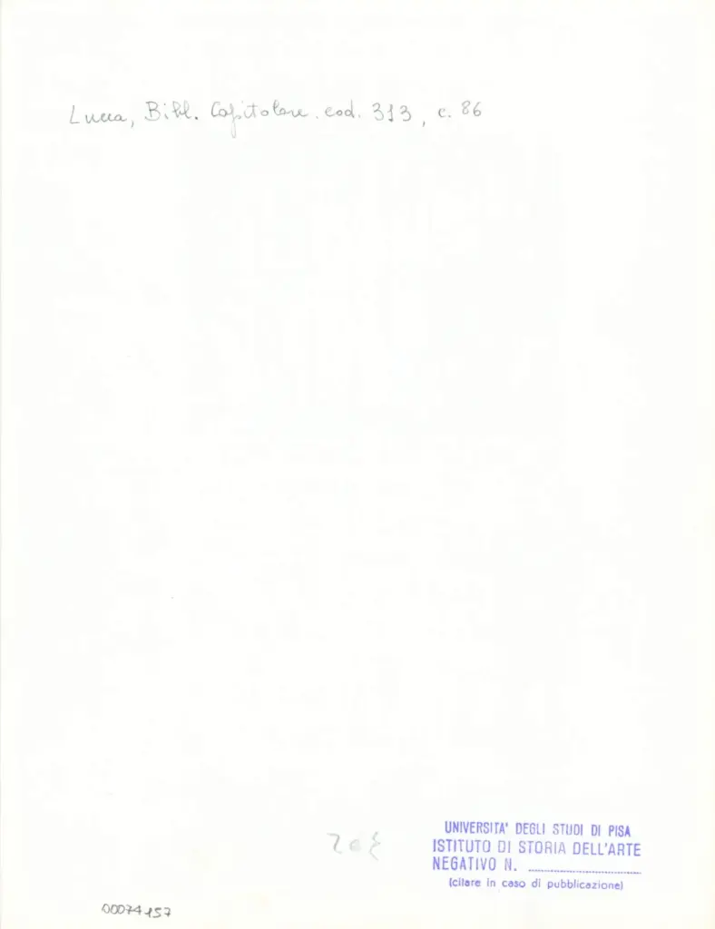 Universit&agrave; di Pisa. Dipartimento di Storia delle Arti , Anonimo italiano - sec. XIV, inizio - Lucca, Biblioteca Capitolare Feliniana, Ms. 313, f. 86r, particolare , retro
