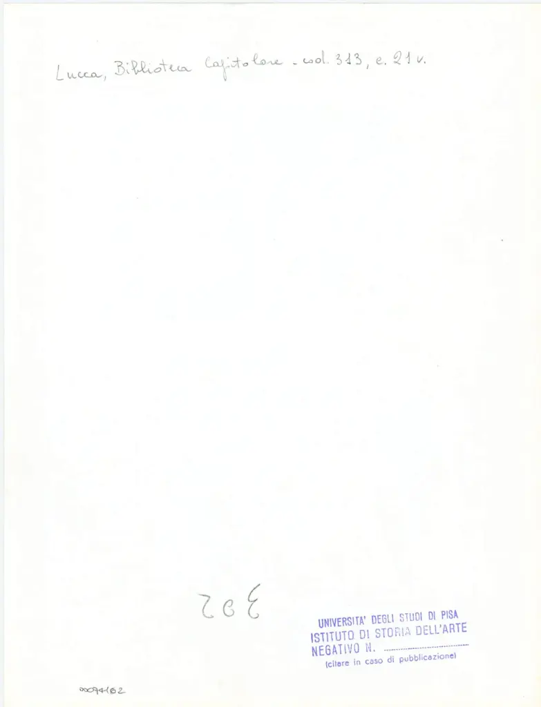 Universit&agrave; di Pisa. Dipartimento di Storia delle Arti , Anonimo italiano - sec. XIV, inizio - Lucca, Biblioteca Capitolare Feliniana, Ms. 313, f. 21v, particolare , retro