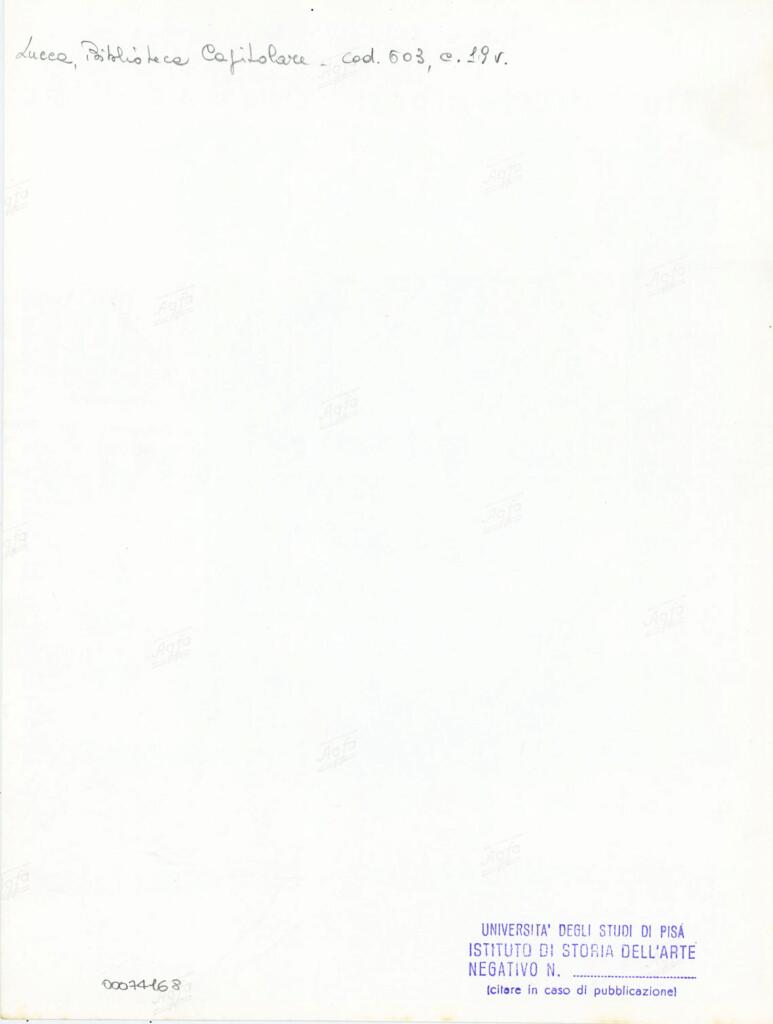Università di Pisa. Dipartimento di Storia delle Arti , Anonimo italiano - sec. XII, inizio - Lucca, Biblioteca Capitolare Feliniana, Ms. 603, f. 19v, particolare , retro