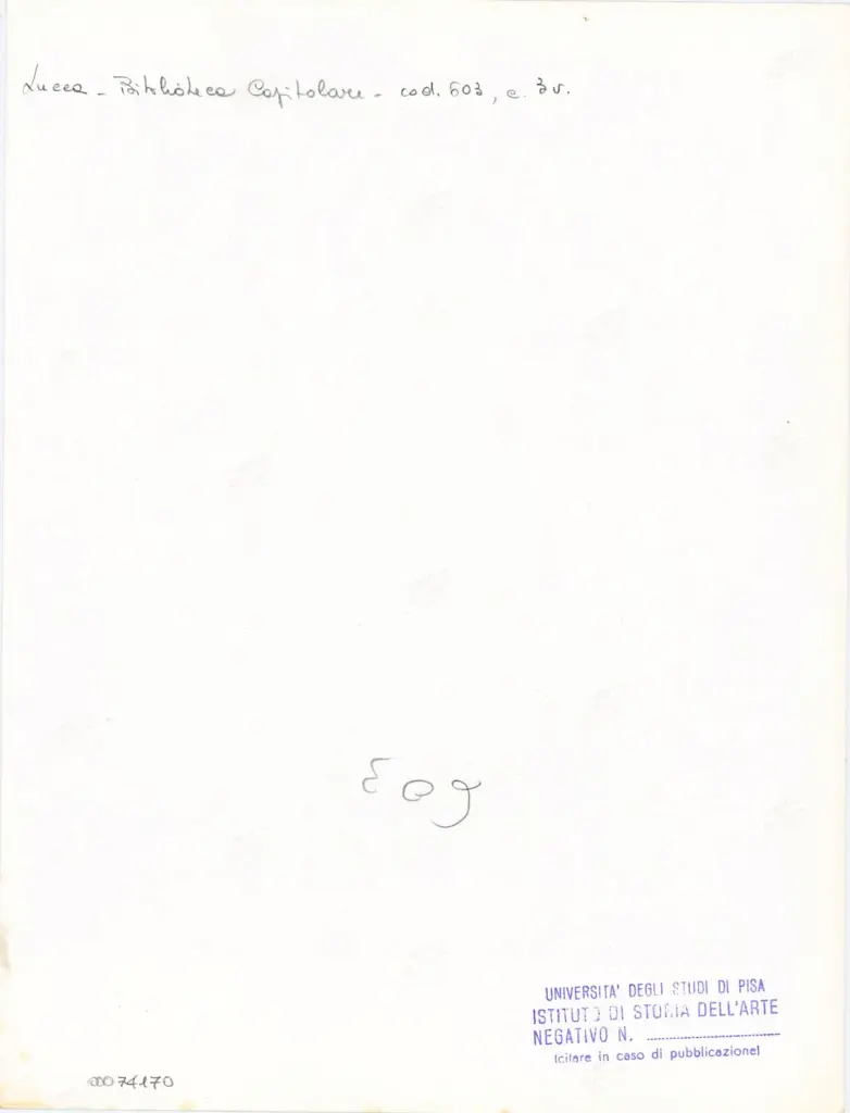 Universit&agrave; di Pisa. Dipartimento di Storia delle Arti , Anonimo italiano - sec. XII, inizio - Lucca, Biblioteca Capitolare Feliniana, Ms. 603, f. 3v, particolare , retro