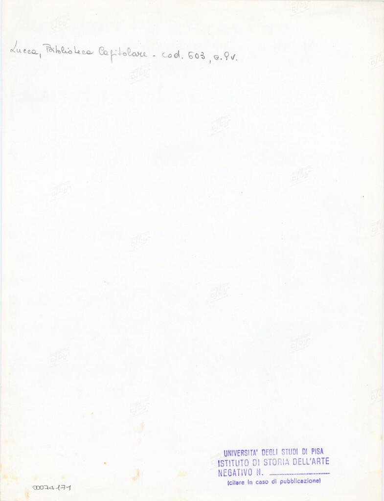 Università di Pisa. Dipartimento di Storia delle Arti , Anonimo italiano - sec. XII, inizio - Lucca, Biblioteca Capitolare Feliniana, Ms. 603, f. 9v, particolare , retro