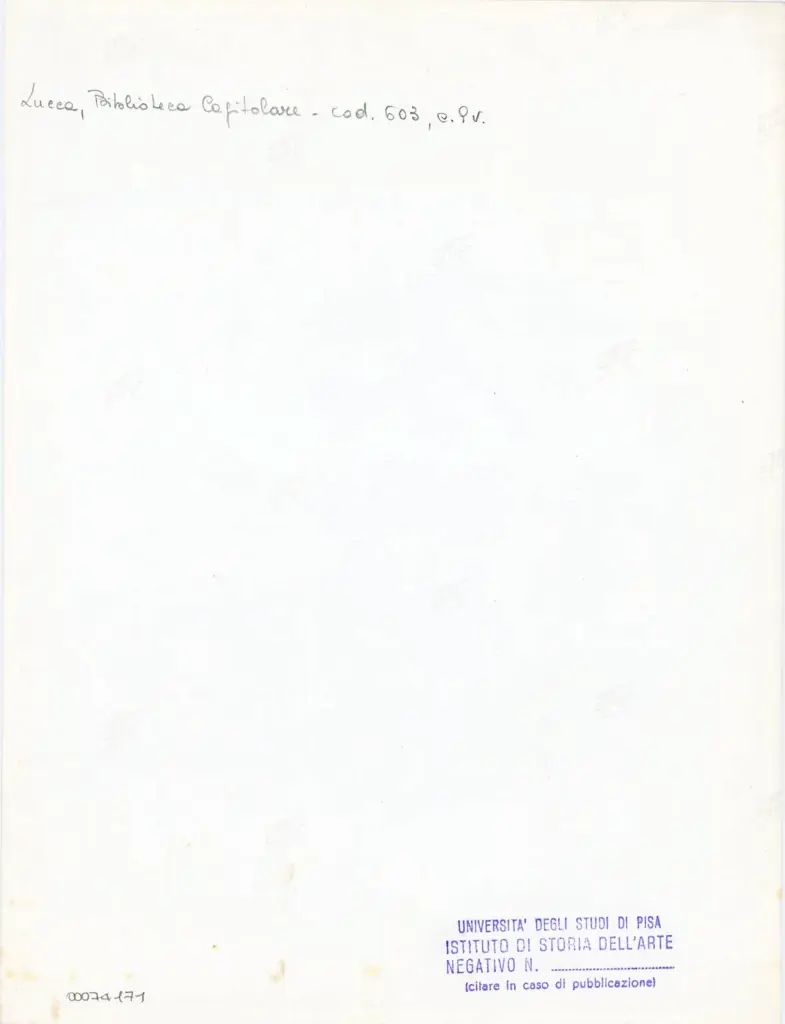 Universit&agrave; di Pisa. Dipartimento di Storia delle Arti , Anonimo italiano - sec. XII, inizio - Lucca, Biblioteca Capitolare Feliniana, Ms. 603, f. 9v, particolare , retro