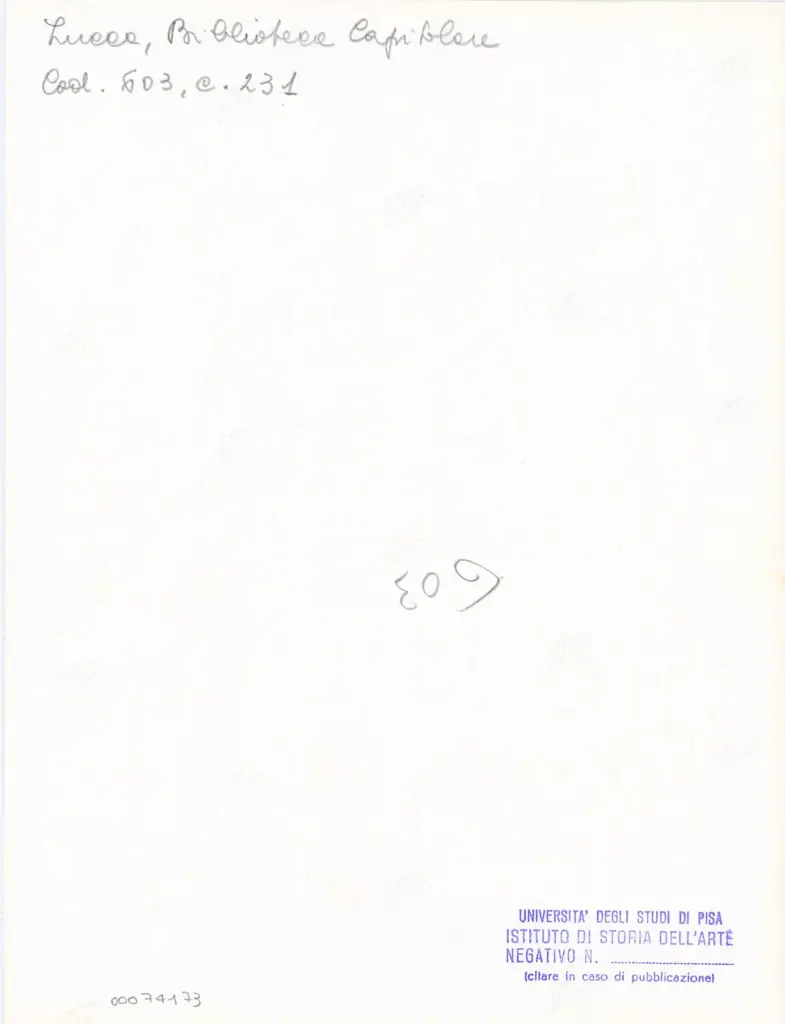 Università di Pisa. Dipartimento di Storia delle Arti , Anonimo italiano - sec. XII, inizio - Lucca, Biblioteca Capitolare Feliniana, Ms. 603, f. 231r, particolare , retro