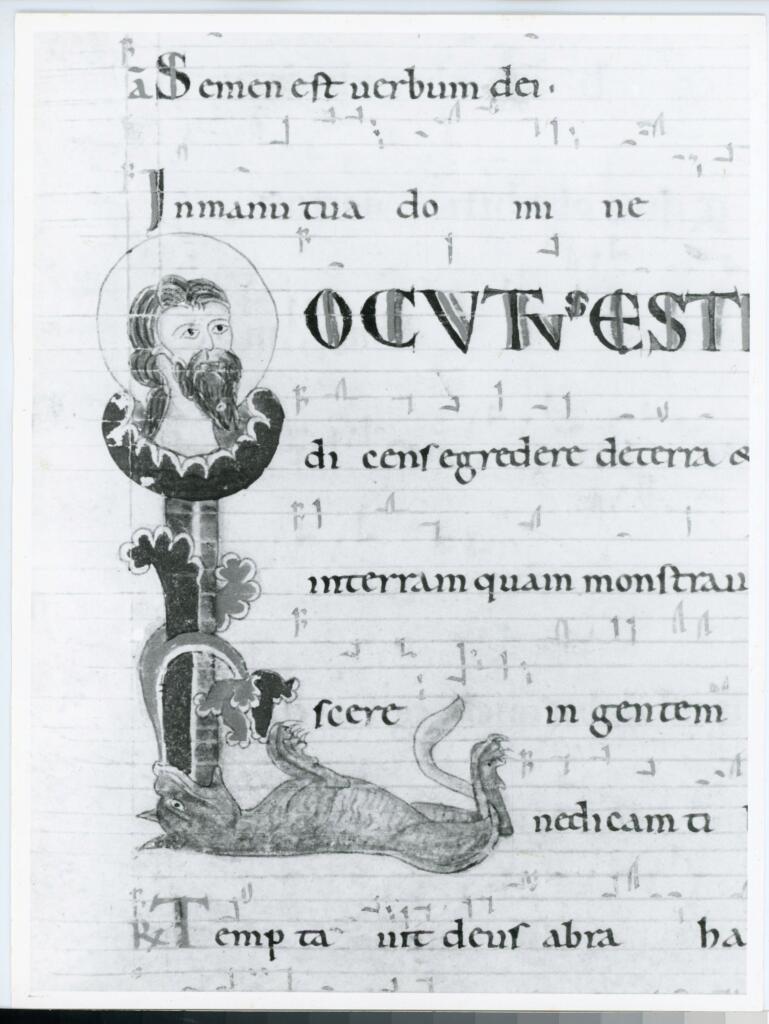 Anonimo italiano sec. XII , Iniziale L, Iniziale figurata, Motivi decorativi vegetali e zoomorfi, Testa di santo