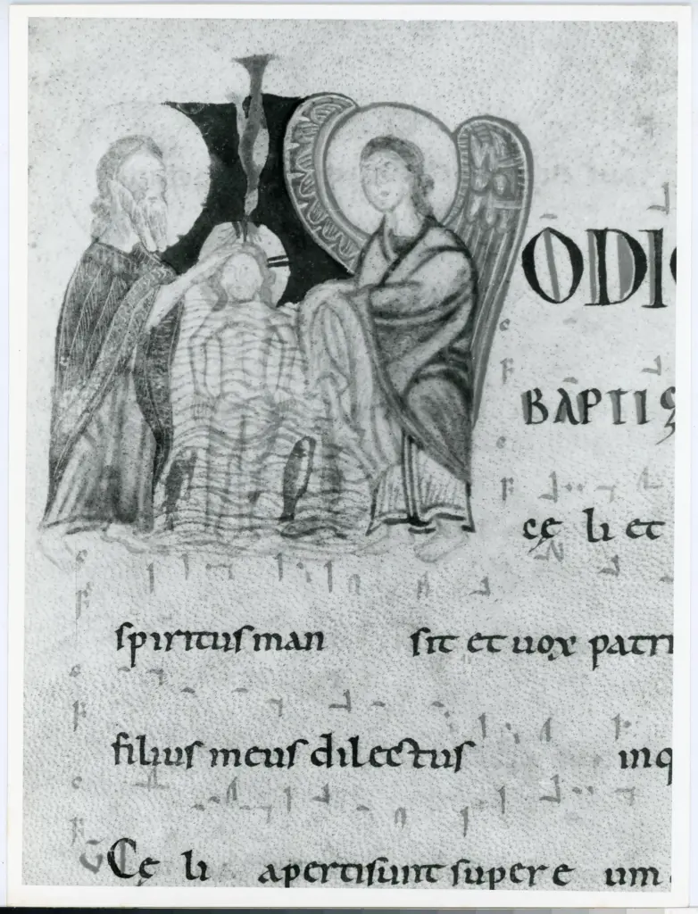 Anonimo italiano sec. XII , Iniziale H, Iniziale figurata, Iniziale istoriata, Battesimo di Cristo, San Giovanni Battista, Angelo, Colomba dello Spirito Santo