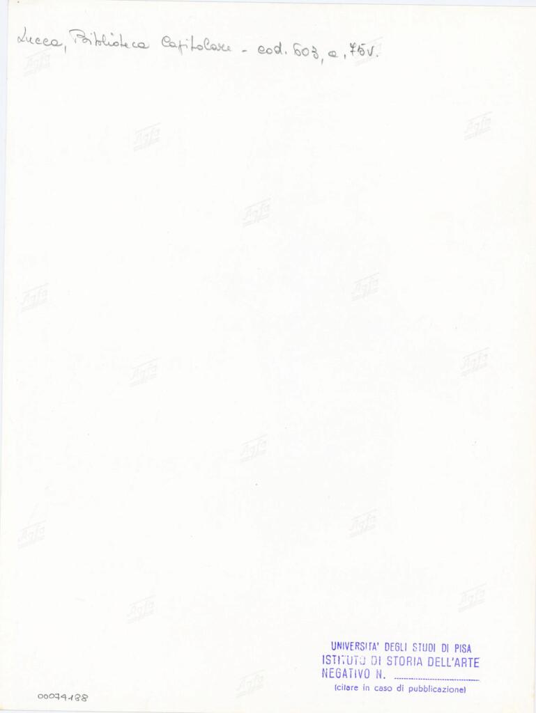 Università di Pisa. Dipartimento di Storia delle Arti , Anonimo italiano - sec. XII, inizio - Lucca, Biblioteca Capitolare Feliniana, Ms. 603, f. 75v, particolare , retro