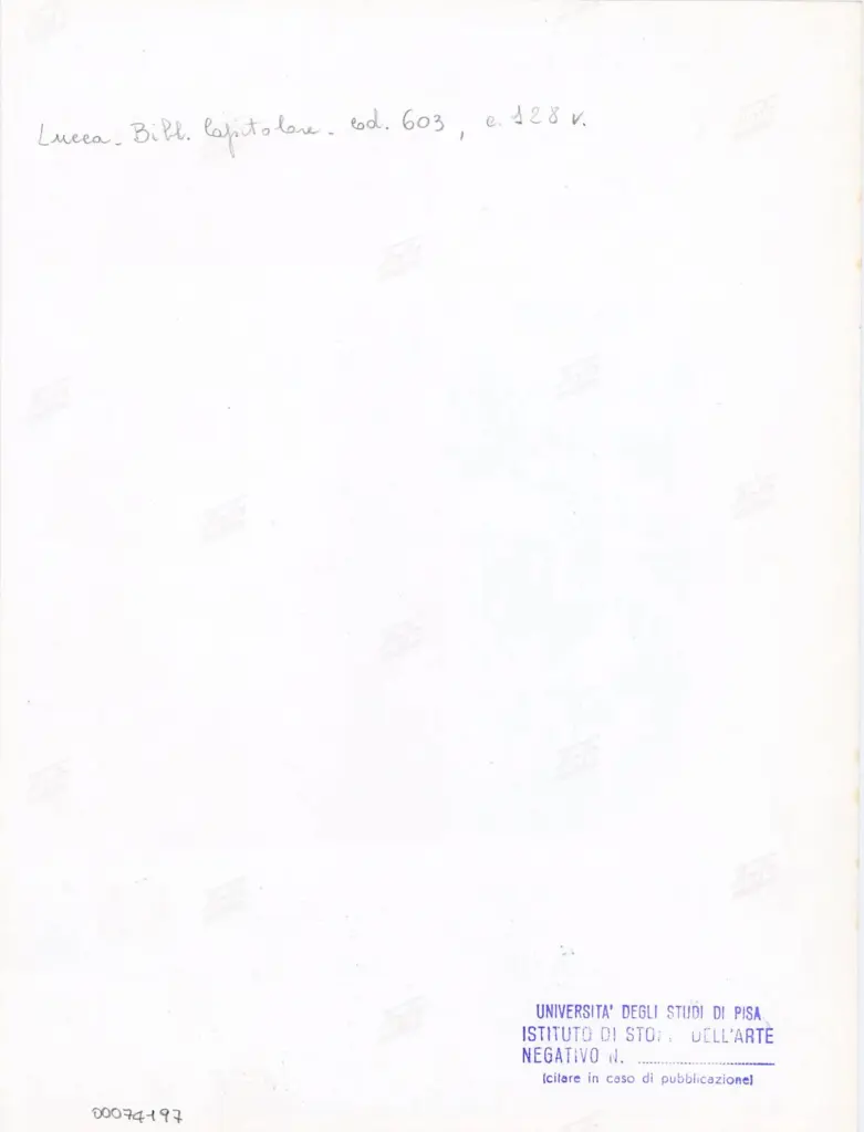 Università di Pisa. Dipartimento di Storia delle Arti , Anonimo italiano - sec. XII, inizio - Lucca, Biblioteca Capitolare Feliniana, Ms. 603, f. 128v, particolare , retro