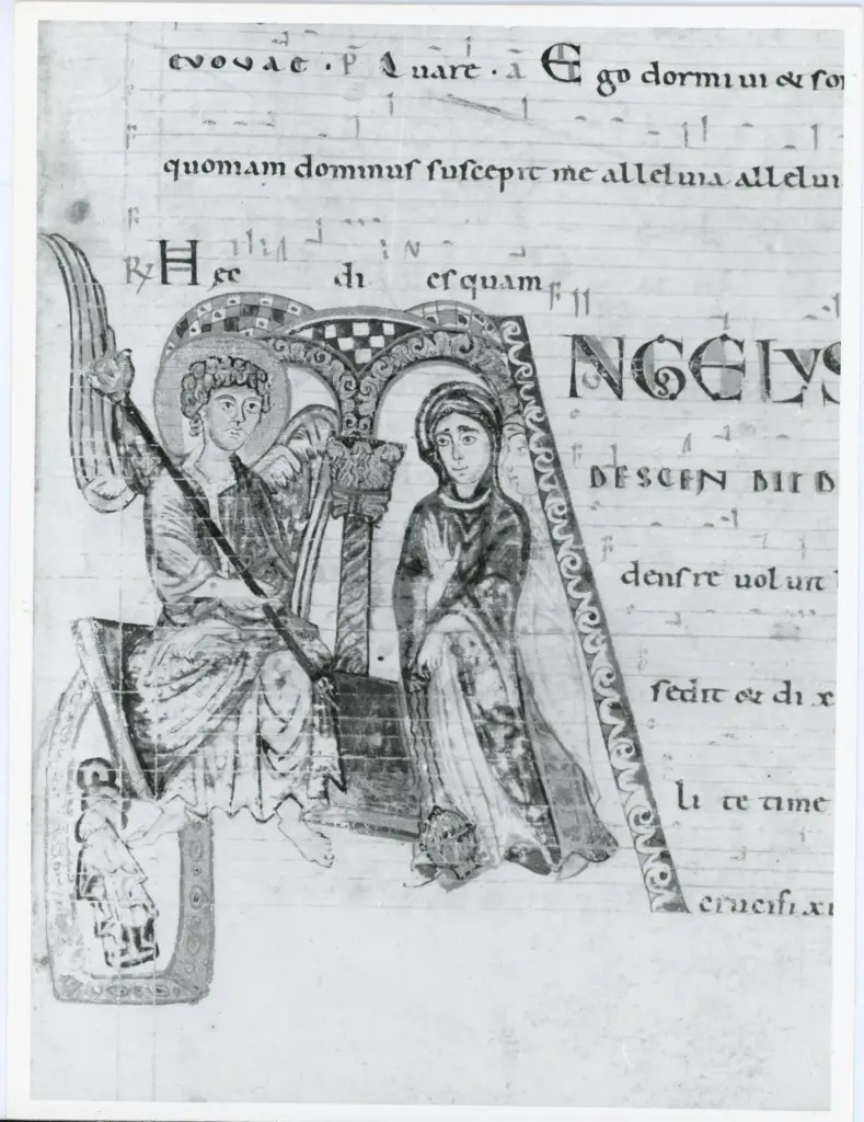 Anonimo italiano sec. XII , Iniziale A, Iniziale istoriata, Marie al sepolcro, Angelo annuncia la Resurrezione alle pie donne, Finte architetture
