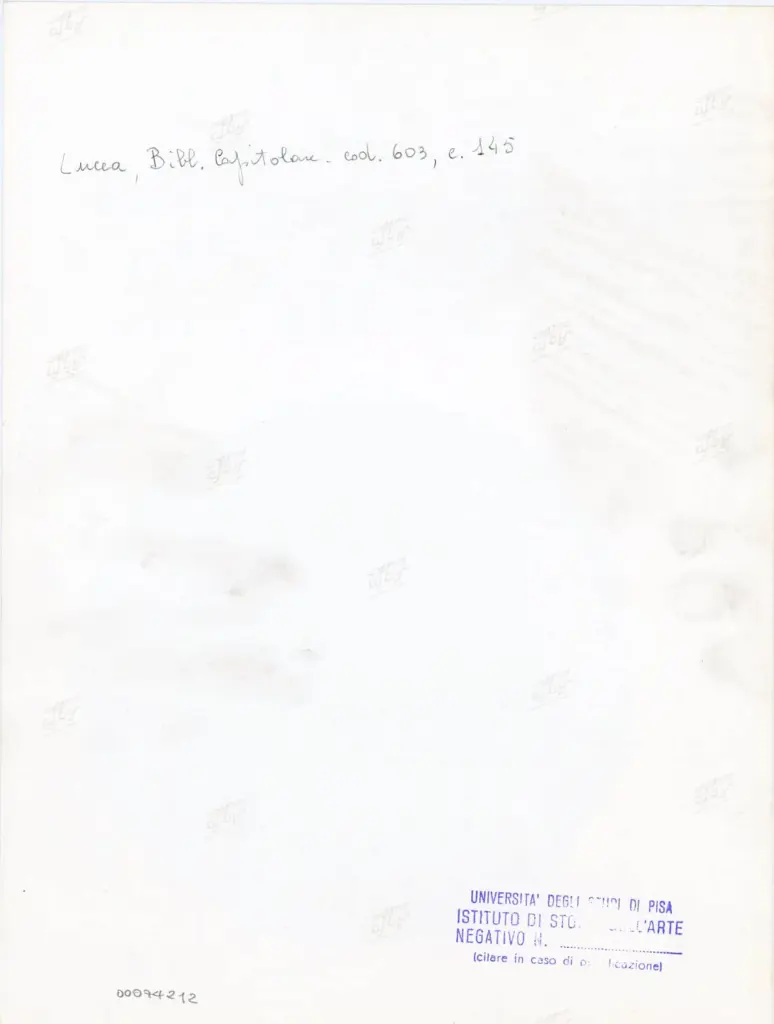 Universit&agrave; di Pisa. Dipartimento di Storia delle Arti , Anonimo italiano - sec. XII, inizio - Lucca, Biblioteca Capitolare Feliniana, Ms. 603, f. 145r, particolare , retro