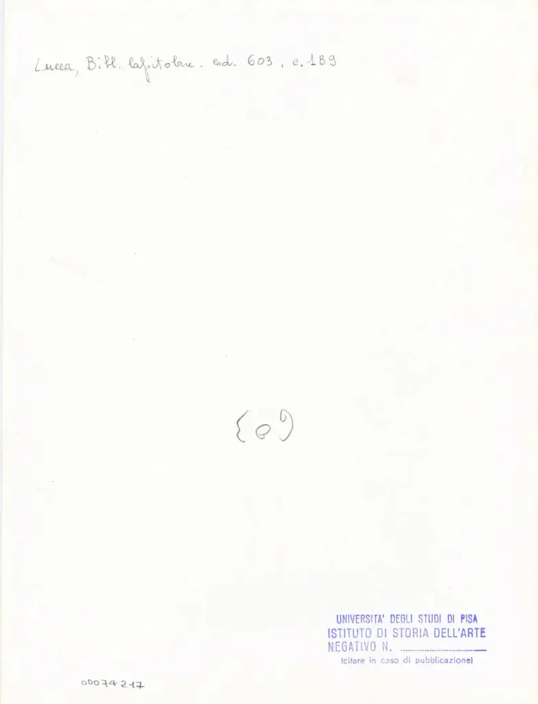 Università di Pisa. Dipartimento di Storia delle Arti , Anonimo italiano - sec. XII, inizio - Lucca, Biblioteca Capitolare Feliniana, Ms. 603, f. 189r, particolare , retro