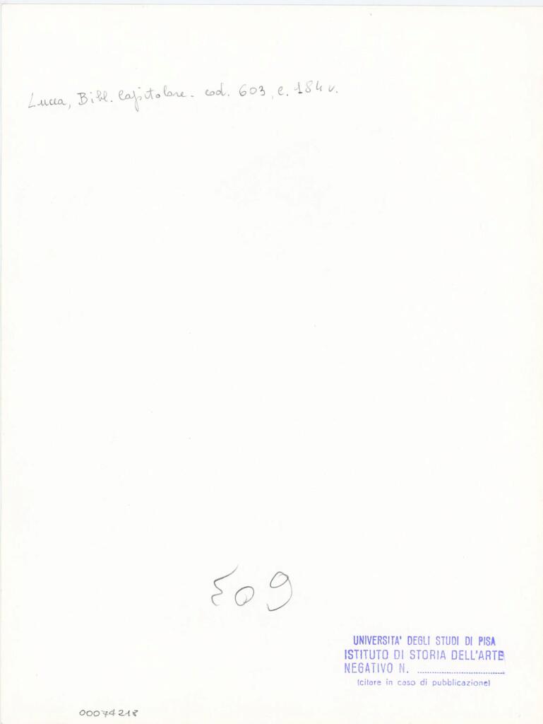 Università di Pisa. Dipartimento di Storia delle Arti , Anonimo italiano - sec. XII, inizio - Lucca, Biblioteca Capitolare Feliniana, Ms. 603, f. 184v , retro