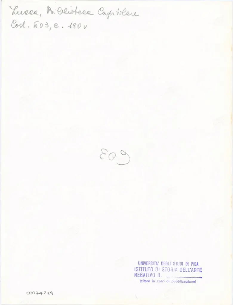 Università di Pisa. Dipartimento di Storia delle Arti , Anonimo italiano - sec. XII, inizio - Lucca, Biblioteca Capitolare Feliniana, Ms. 603, f. 180v, particolare , retro