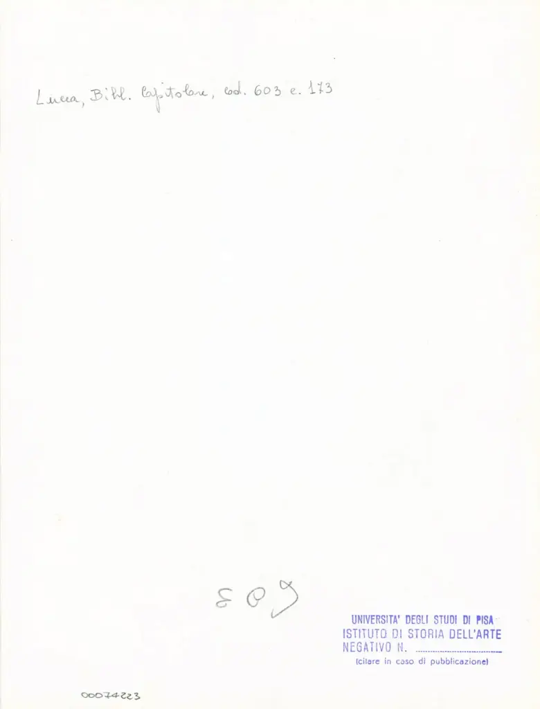 Universit&agrave; di Pisa. Dipartimento di Storia delle Arti , Anonimo italiano - sec. XII, inizio - Lucca, Biblioteca Capitolare Feliniana, Ms. 603, f. 173r, particolare , retro