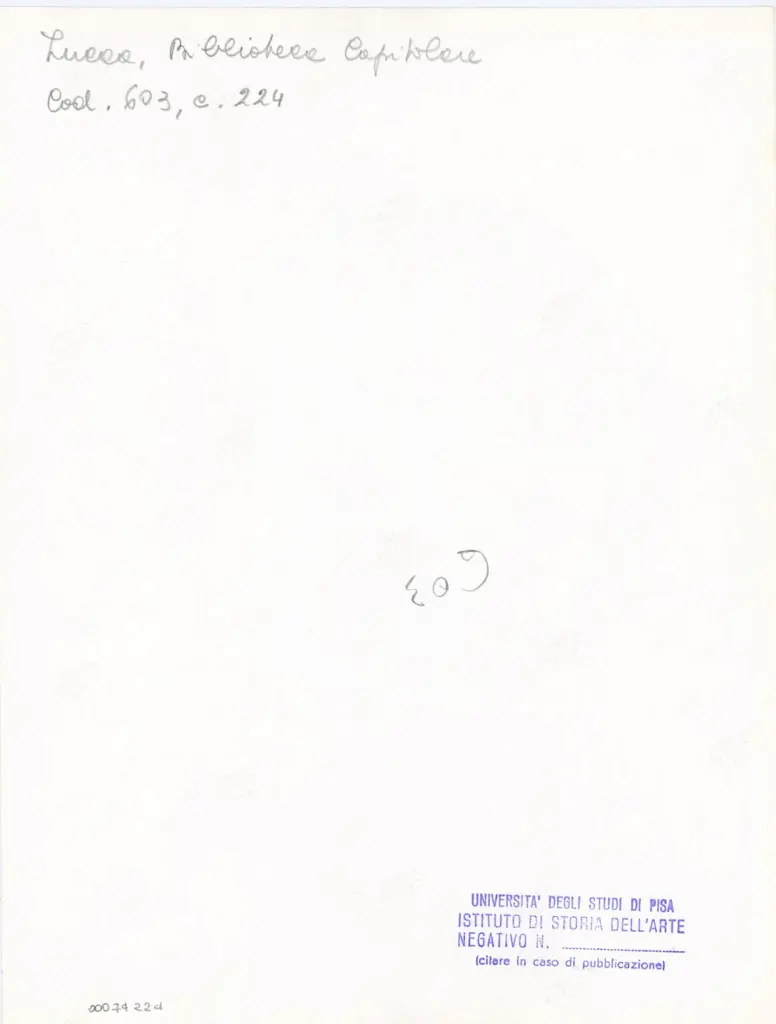 Università di Pisa. Dipartimento di Storia delle Arti , Anonimo italiano - sec. XII, inizio - Lucca, Biblioteca Capitolare Feliniana, Ms. 603, f. 224r, particolare , retro