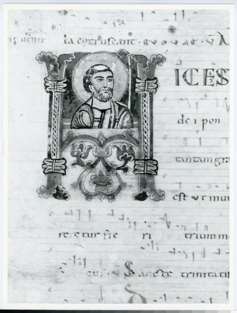 Anonimo italiano sec. XII , Iniziale H, Iniziale abitata, San Martino, Motivi decorativi fitomorfi